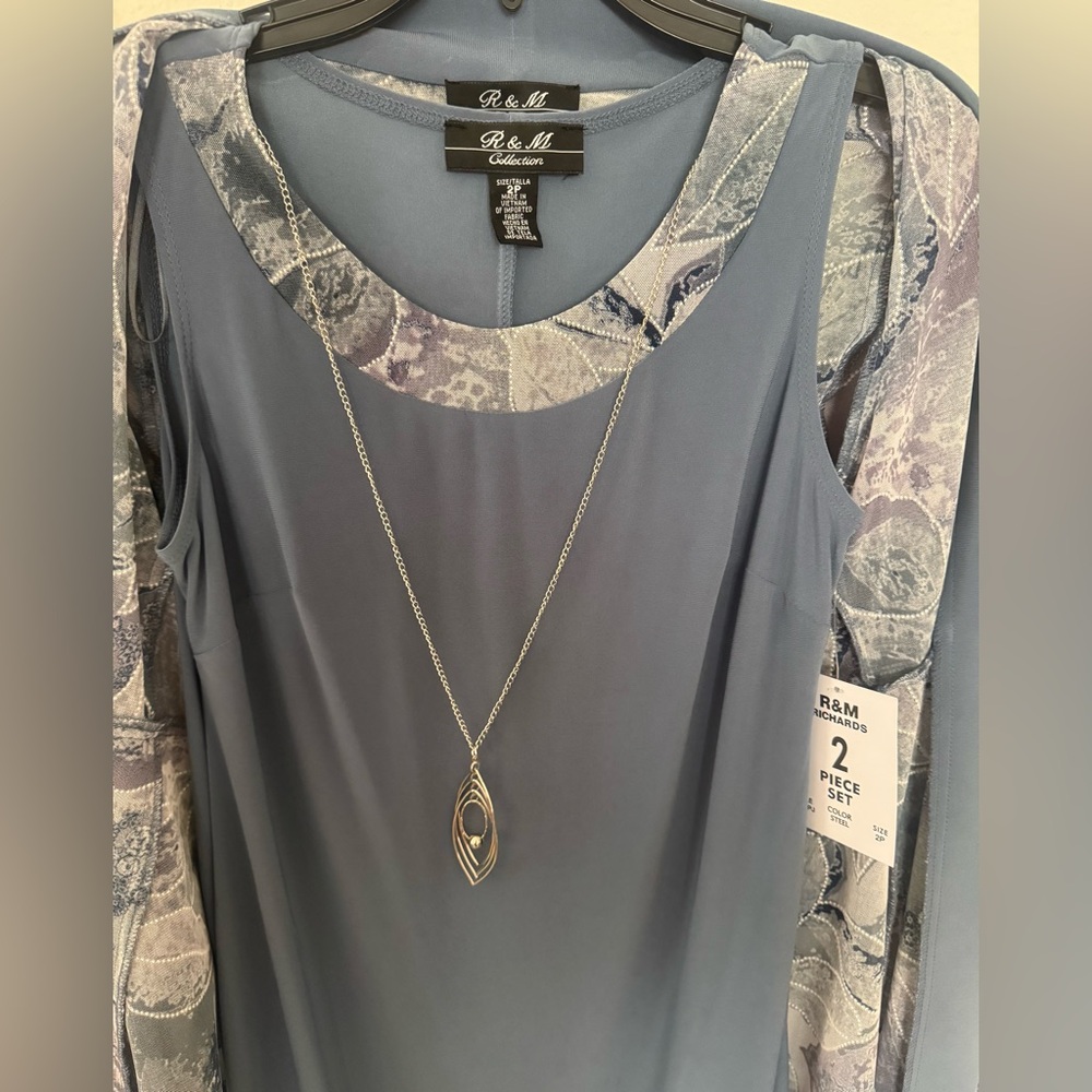 R&M Richards Women's 2-Piece Tank Dress W/Necklace & 3/4 Sleeve Sheer Jacket - Picture 3 of 9
